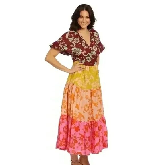 ALÉMAIS 100% Ramie Linen Multicolor Luis Wrap Puff Sleeve Midi Wrap Dress Sz 12 - Picture 4 of 11